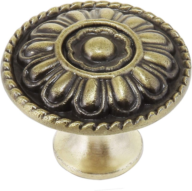 trust4care 9 Pack Euro-Style Brushed Antique Brass Kitchen Cabinet Knobs, Zinc Alloy Vintage Drawer Knobs, Aged Gold Round Dresser Handles with Floral for Bathroom & Furniture, 1.25" Diameter - Image 1